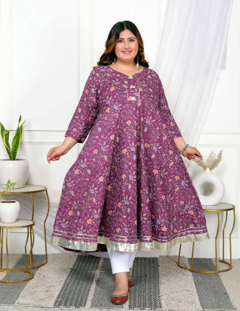 Miravan Women's Plus Size Cotton Gota Patti And Lace Border Details Floral Printed Purple Anarkali Kurta