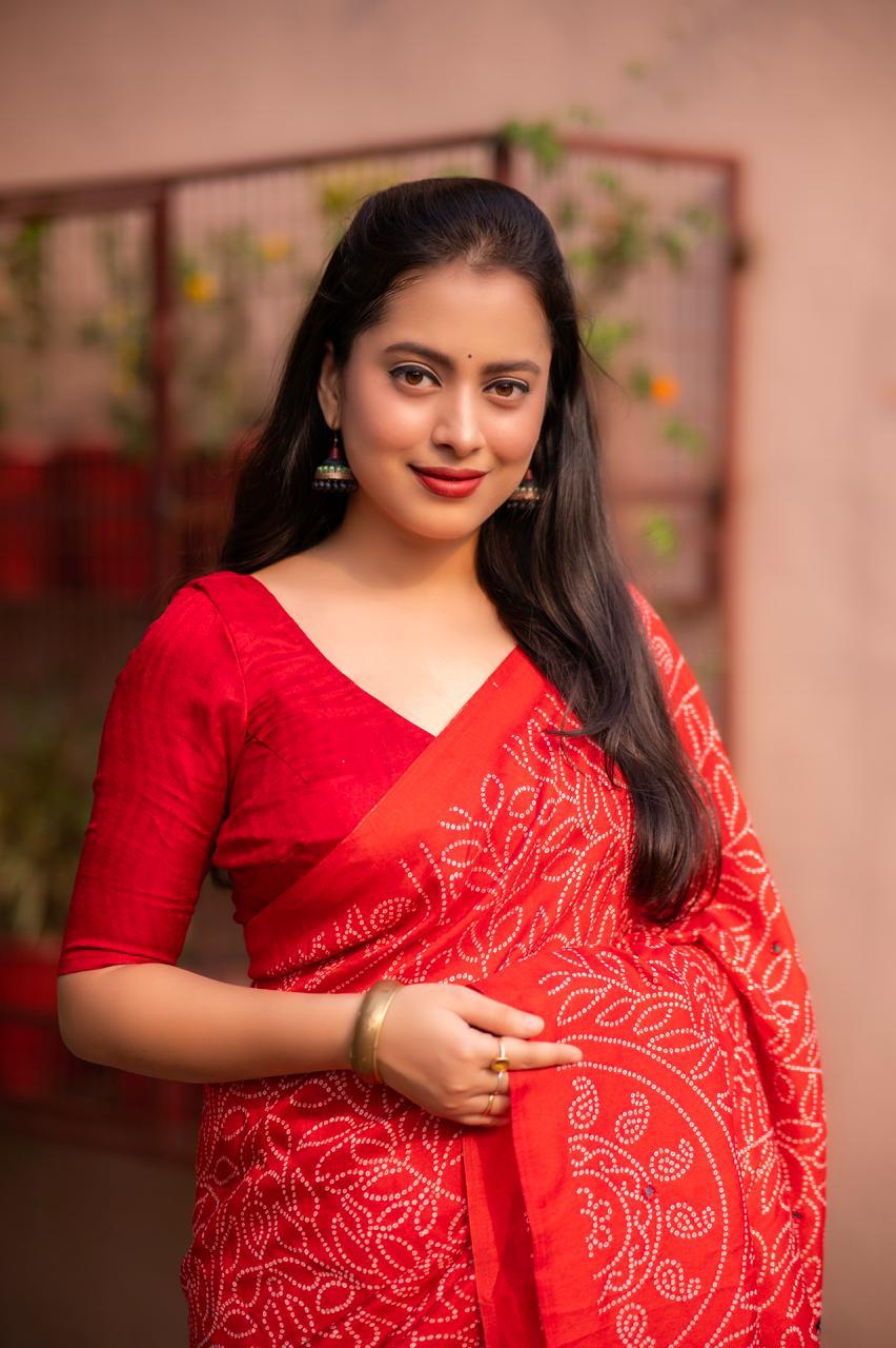 Red Silk Blend Ajrak Saree with Unstitched Blouse - Hiral Fashion