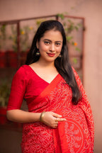 Red Silk Blend Ajrak Saree with Unstitched Blouse - A2M