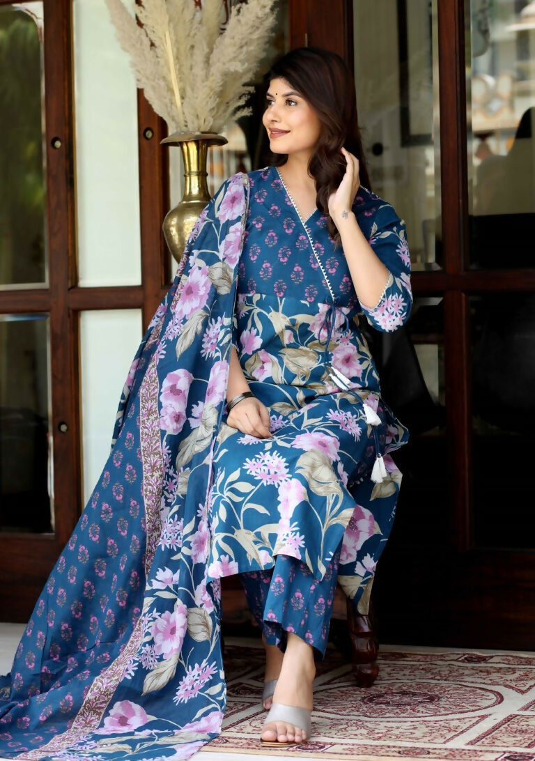Miravan Women's Cotton Floral Angrakha Kurta And Palazzo With Dupatta Set