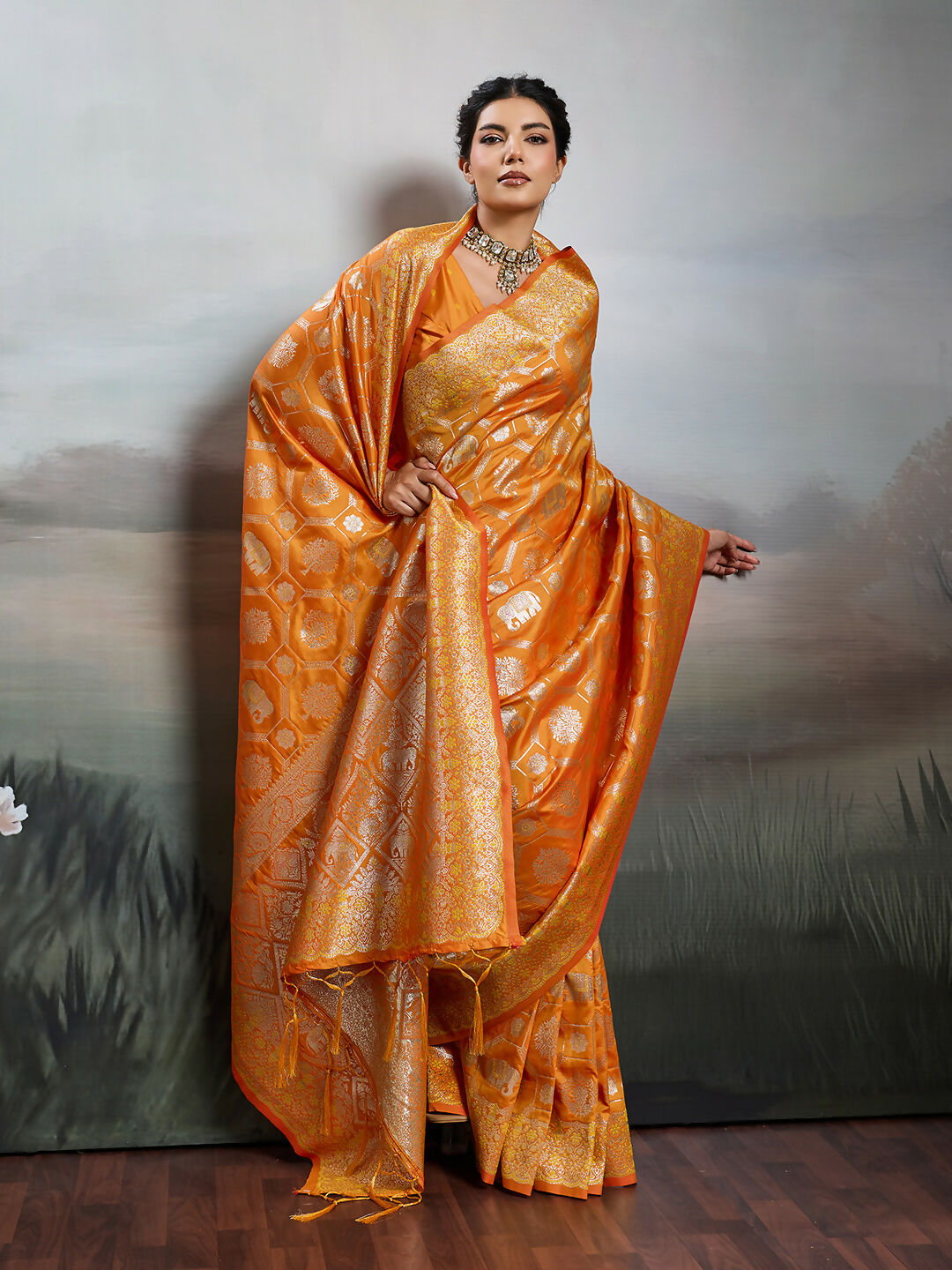 Shree Shyam Fashion Orange Silk Blend Saree - Distacart