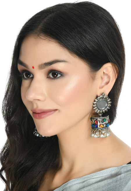 Mominos Fashion Johar Kamal Women Multi Kundan Oxidised Jhumkas