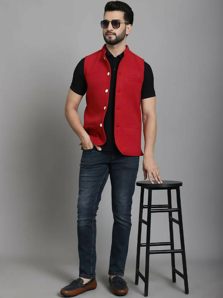 Even Apparels Nehru Jacket With Welt Pockets - Red
