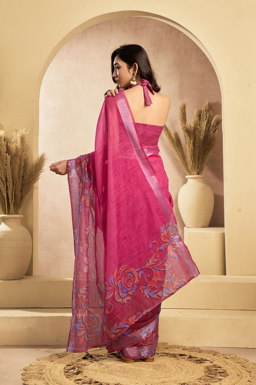 Vastranavya Pink Digital Printed Linen Ready To Wear Designer Saree with Unstitched Blouse - Distacart