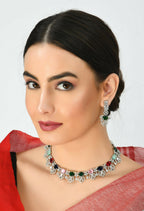 Mominos Fashion Johar Kamal Silver-Plated American Diamond Multi Colour Choker Set - Distacart
