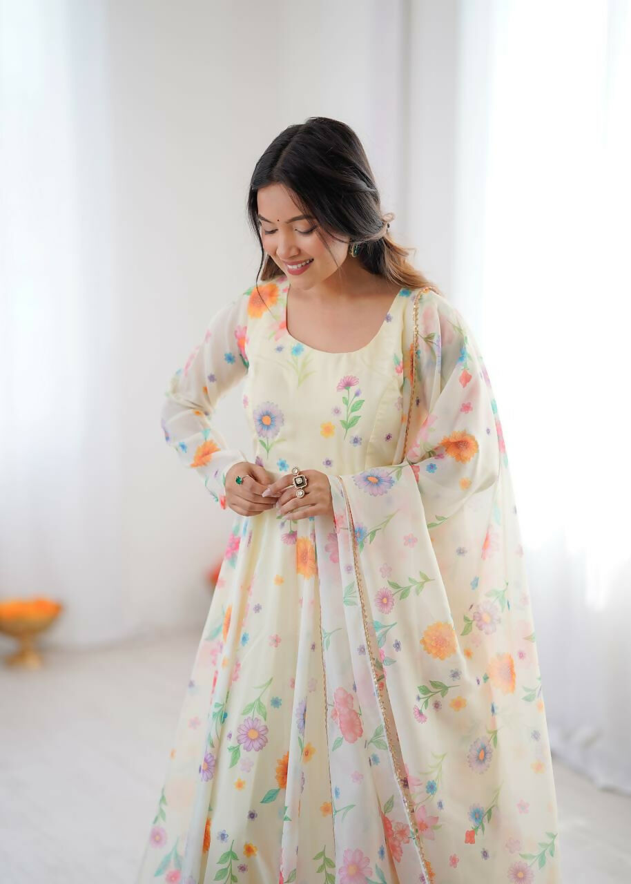 Teeya Creation Off White Soft Organza Digital Printed Party Wear Long Gown - Distacart