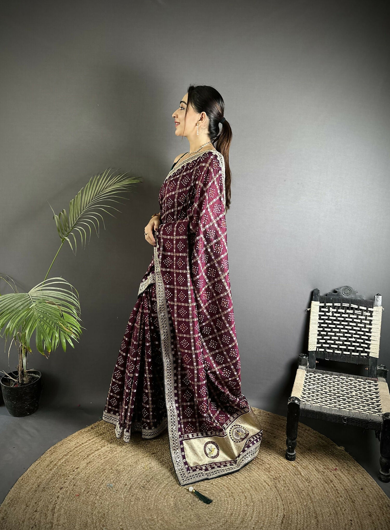 Joban Fashion Wine Bandhej Bandhani Vichitra Silk Bandhani Prints Saree - Distacart