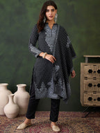 Sangria Ethnic Motifs Woven Design Mandarin Collar Straight Kurta With Trouser & Dupatta