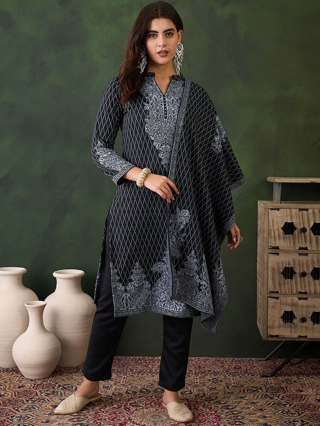 Sangria Ethnic Motifs Woven Design Mandarin Collar Straight Kurta With Trouser & Dupatta
