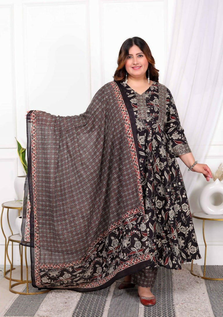 Miravan Women's Plus Size Embroidered Multi Anarkali Kurta with Palazzo and Dupatta Set