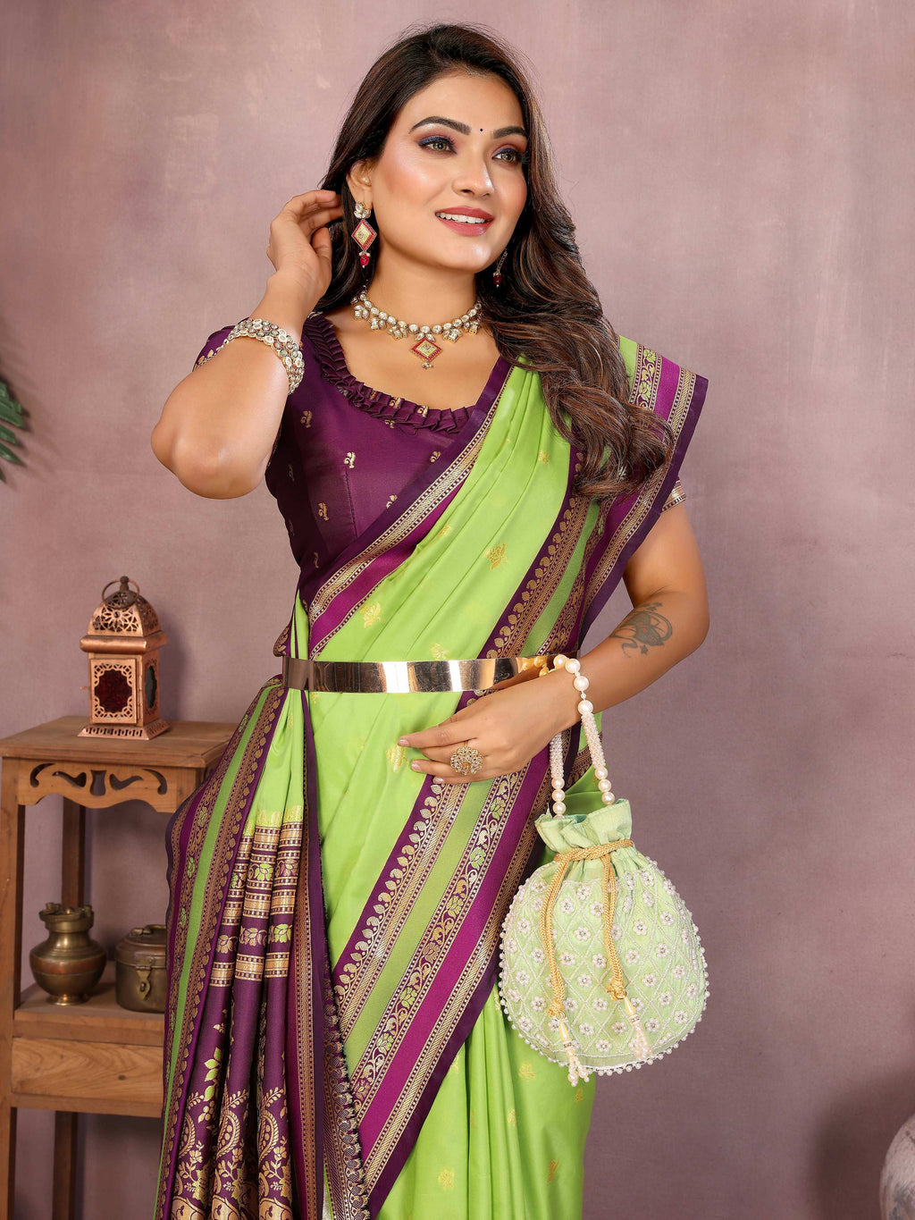 Aastha Fashion Parrot Green Kalamkari Silk Weaving Saree - Distacart