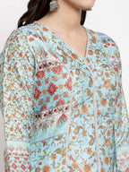 Myshka Women's Multi Cotton Printed Full Sleeve V Neck Casual Kurta
