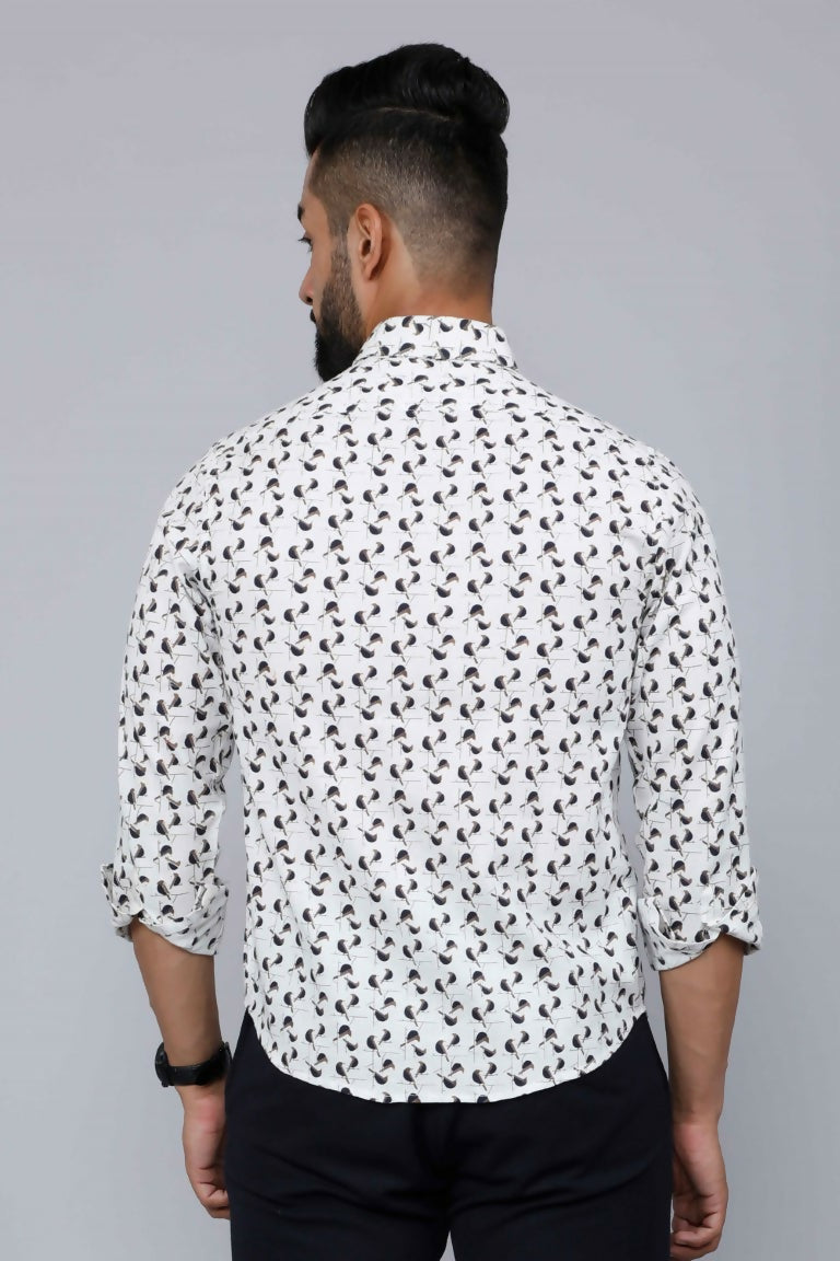 Miravan Men's White Spread Collar Bird Print Casual Shirt