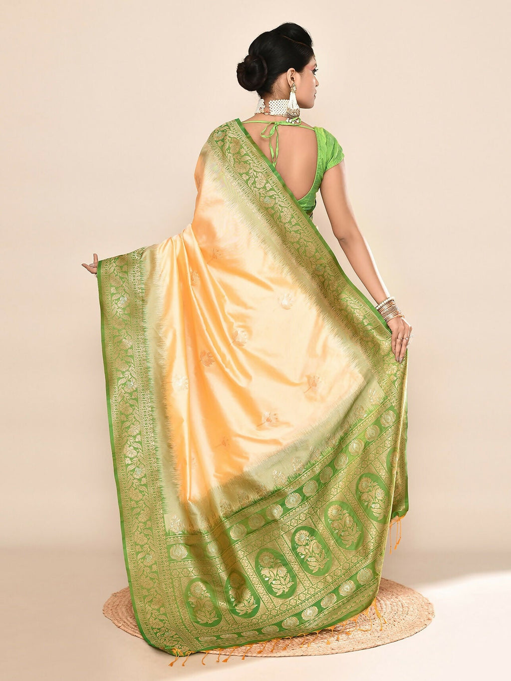 Joban Fashion Light Yellow & Parrot Green Plain With Weaving Border Banarasi Silk Sarees