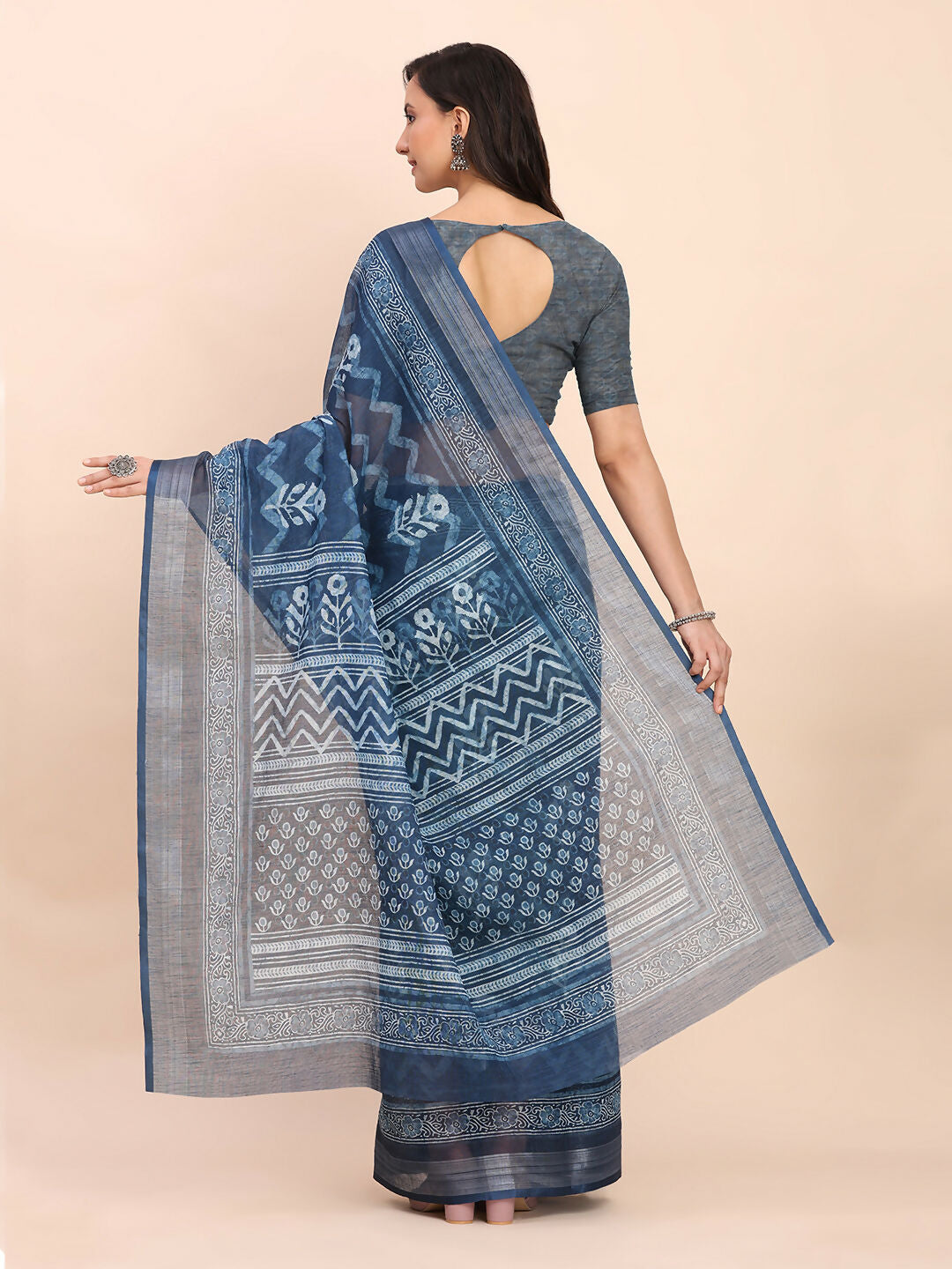 Shree Shyam Fashion Linen Cotton Indigo Blue Saree - Distacart