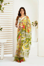 Vastranavya Yellow Digital Printed Linen Ready To Wear Designer Saree with Unstitched Blouse - Distacart