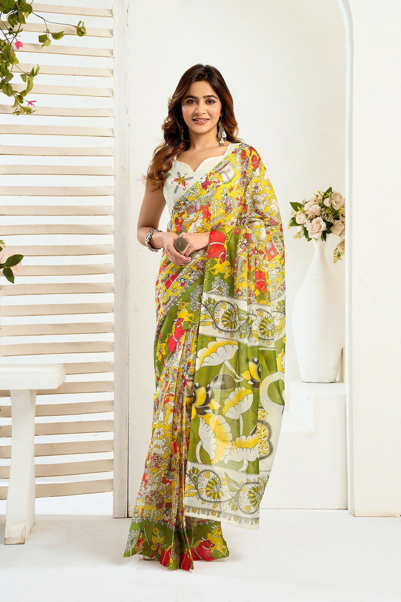 Vastranavya Yellow Digital Printed Linen Ready To Wear Designer Saree with Unstitched Blouse - Distacart