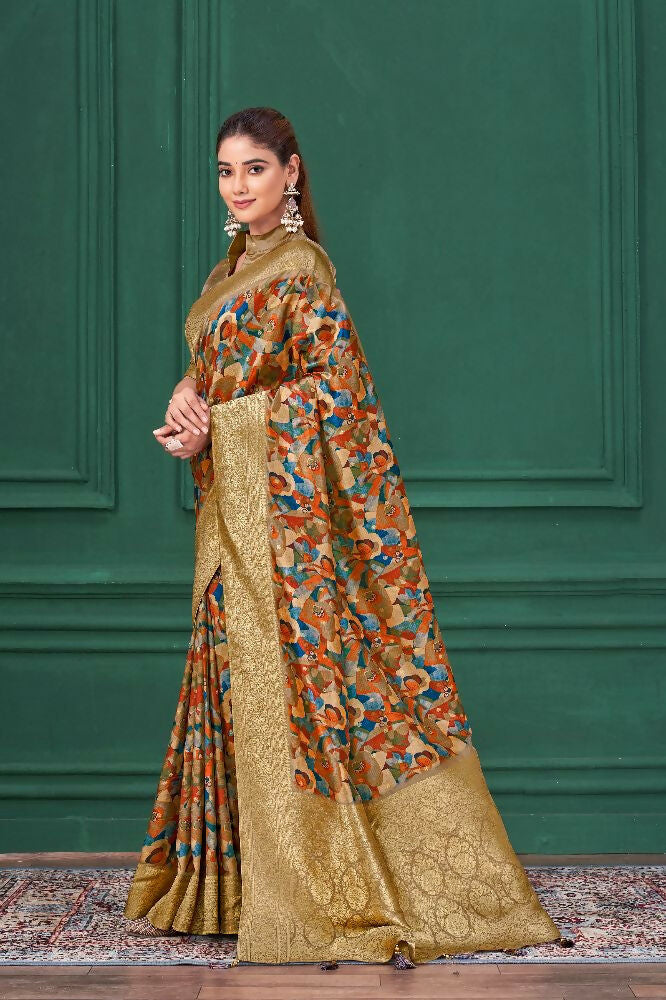 Chiku Tussar Silk Jacquard Abstract Digital Print Saree with Unstitched Blouse - Mohira