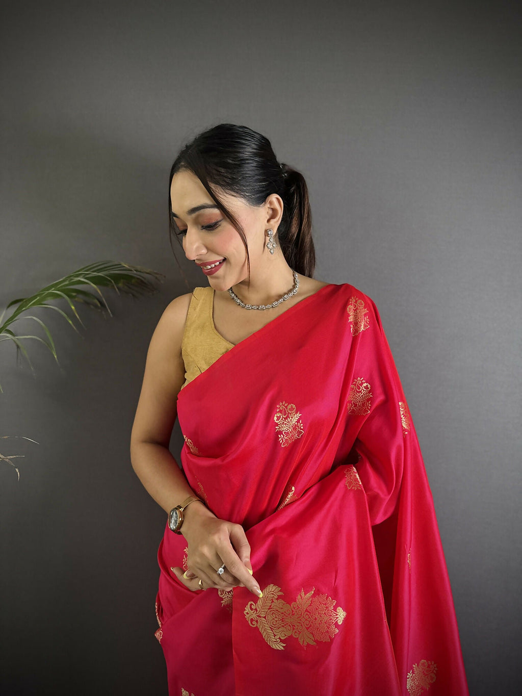 Joban Fashion Red Banarasi Lichi Silk Gold Zari Meena Saree - Distacart