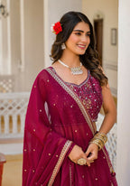 Wedding Partywear Wine Slim Georgette Lehengha Choli With Dupata - Agnidhara
