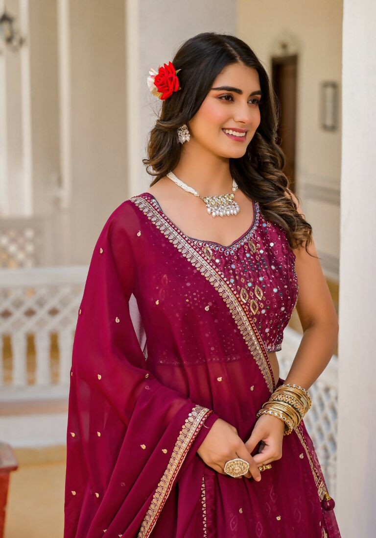 Wedding Partywear Wine Slim Georgette Lehengha Choli With Dupata - Agnidhara