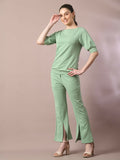 Myshka Women's Sea Green Solid Boat Neck Party Top With Trousers Co-ord set