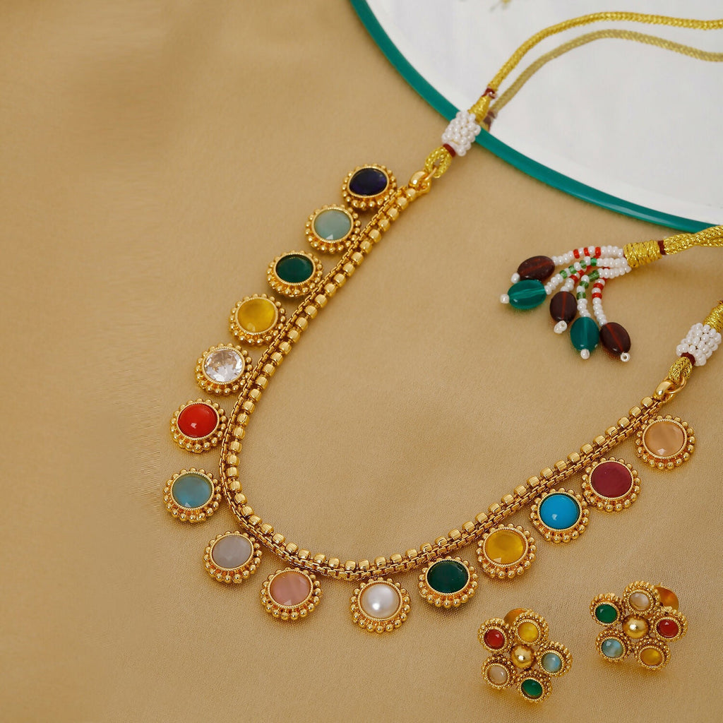 Multi Colored Stone in Gold Choker with Earrings (Multi Color) - Ruby Raang