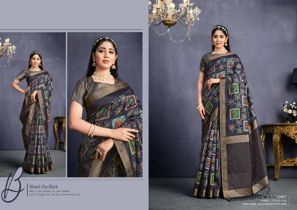 Navy Blue Tusser Silk Geometric Printed Saree With Unstitched Blouse - Mohmanthan Aahana