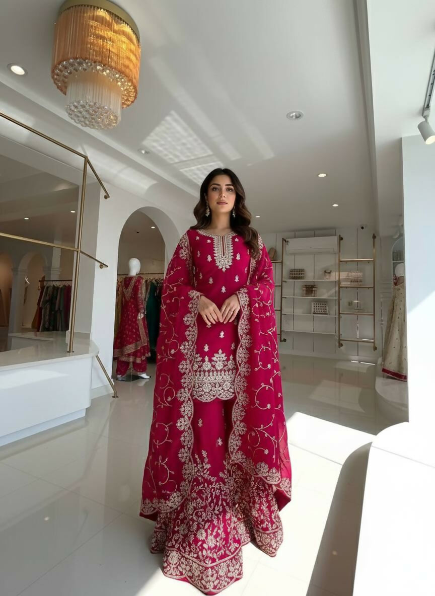 Teeya Creation Rani Pure Silk Gimmy Silk Heavy Embroidery Work Wedding Wear Palazzo Pair - Distacart
