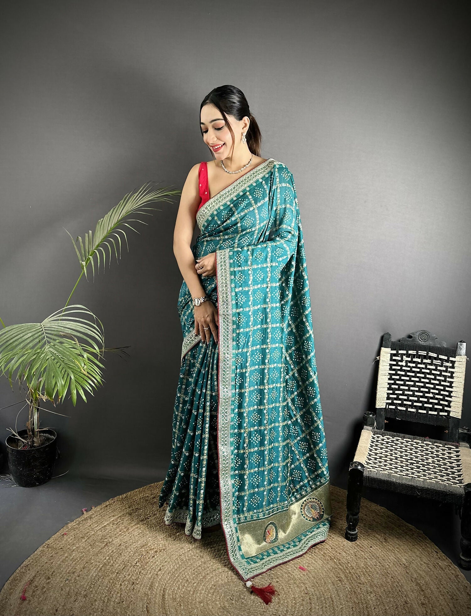 Joban Fashion Emerald Blue Bandhej Bandhani Vichitra Silk Bandhani Prints Saree - Distacart