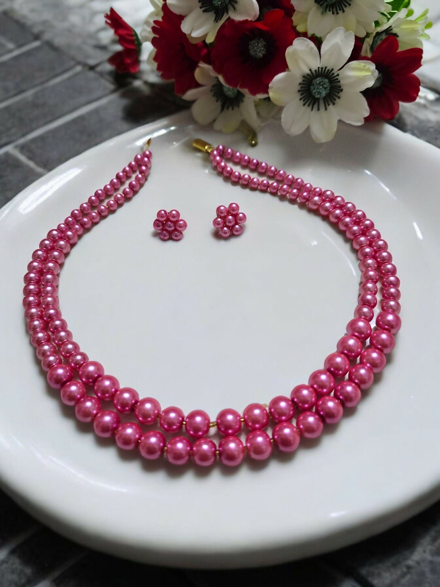 Inhanns Everyday Workwear Pearl Set (Double Layered Pearls) - Pink