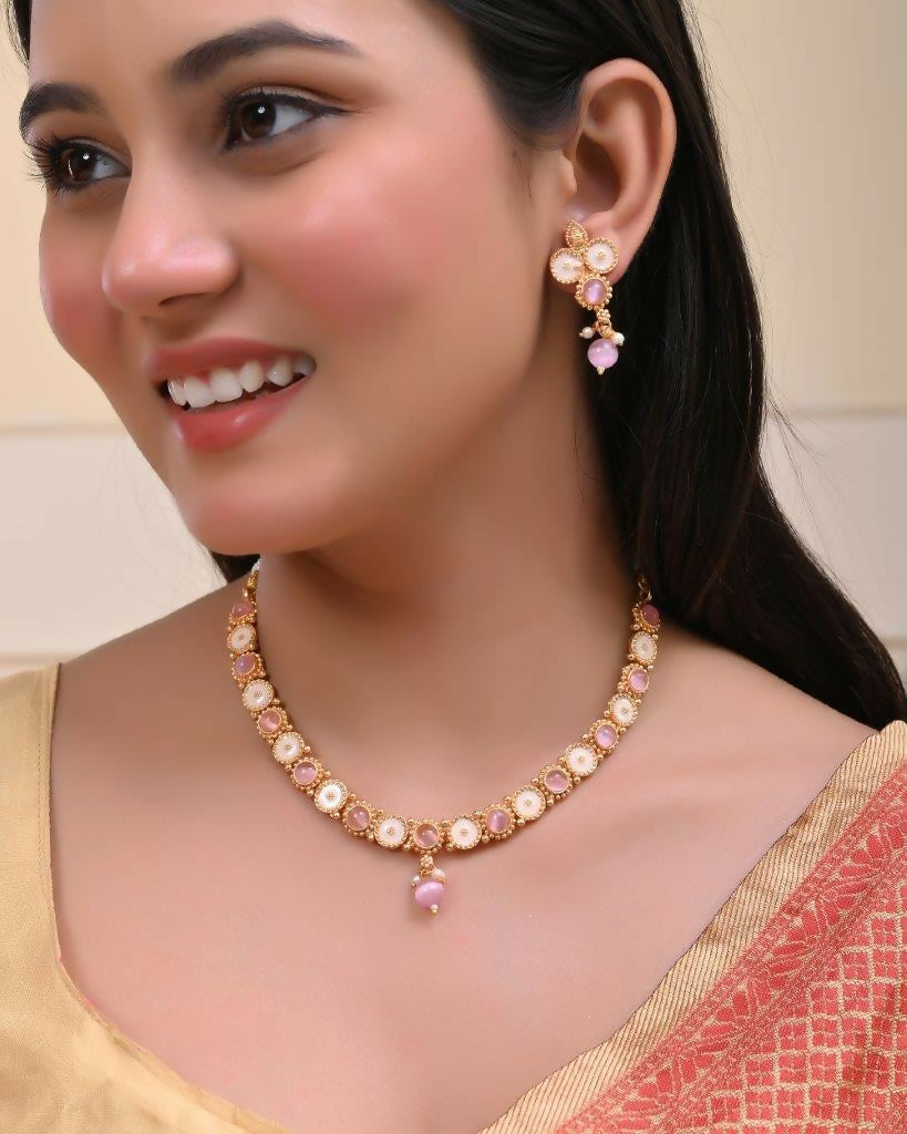 VOJ Gold Tone Pink Stone Studded Jewellery Set