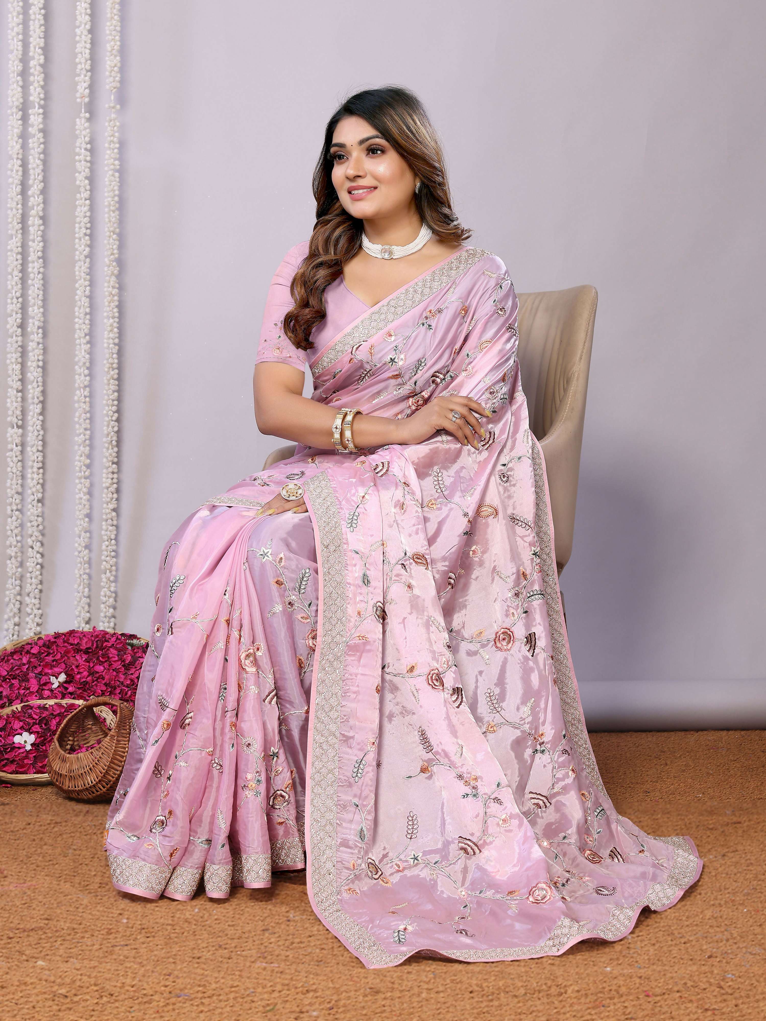 Pink Satin Silk Embroidered Saree With Stitched Blouse - Nimaya Kaksha