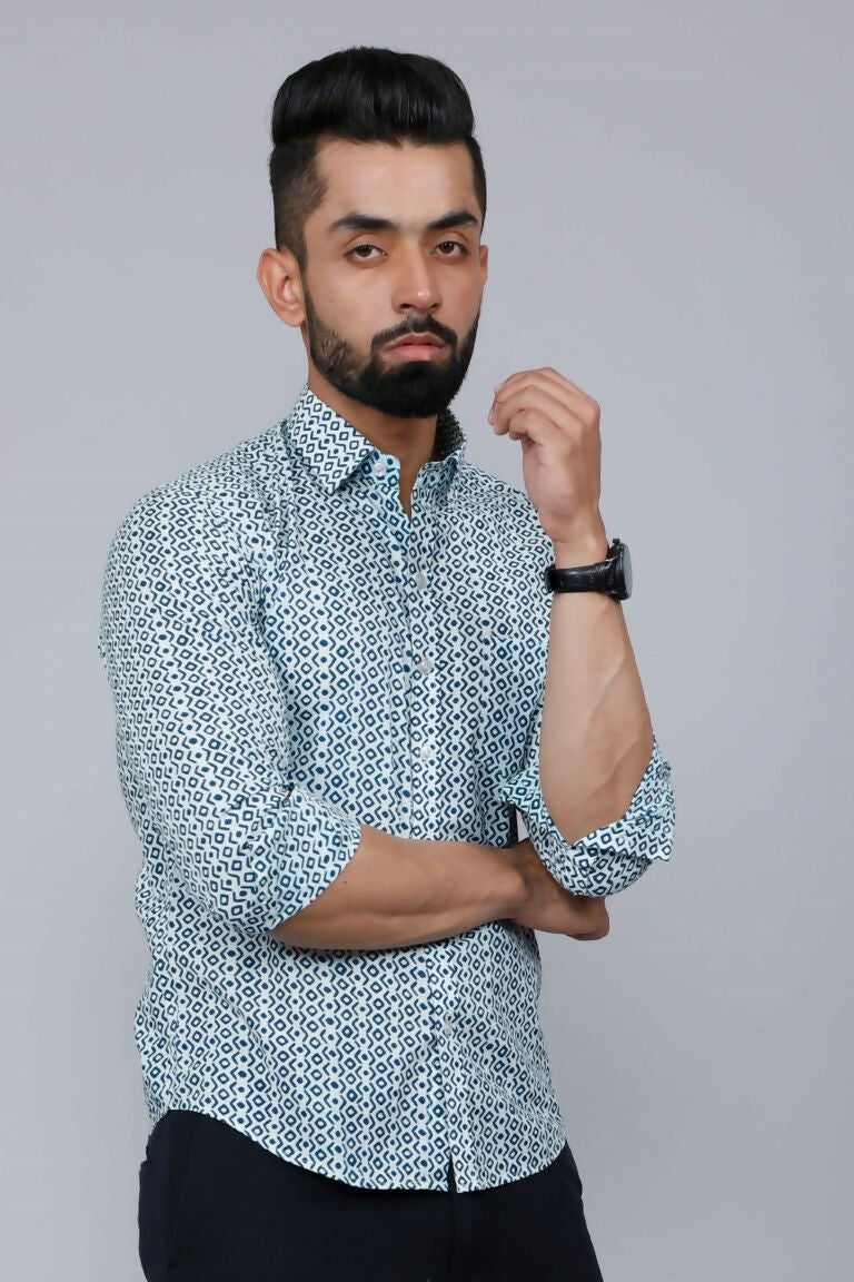 Miravan Men's White & Blue Premium Cotton Floral Print Casual Shirt