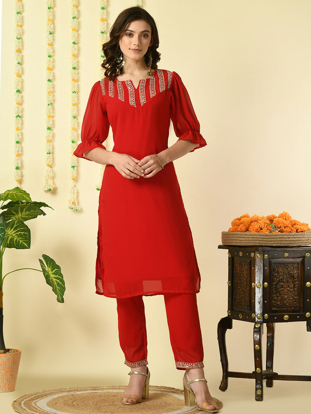 Myshka Women's Red Georgette Kurta With Trousers Party Sets