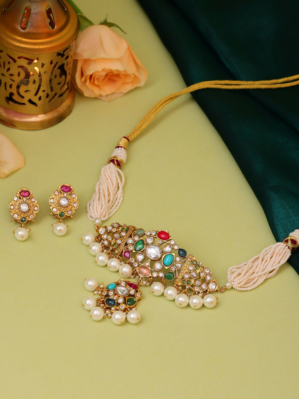 Ruby Raang Gold Polished Kundan Work Multi-Color Navratan Kundan Choker With Stud Earrings - Distacart