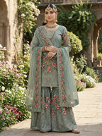 Teeya Creation Teal Fendy Silk Heavy Embroidery Work Party Wear Sharara Suit - Distacart