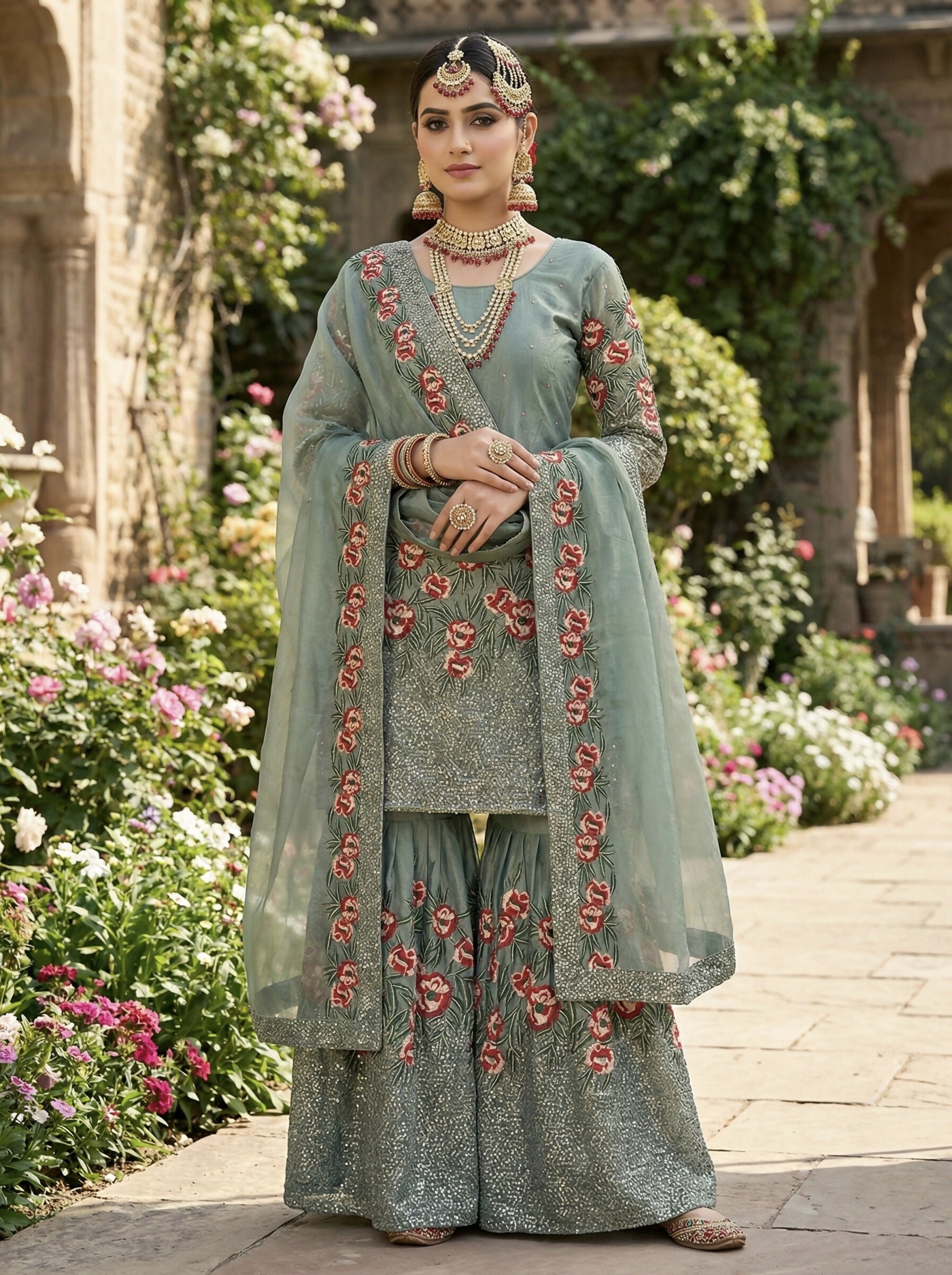 Teeya Creation Teal Fendy Silk Heavy Embroidery Work Party Wear Sharara Suit - Distacart