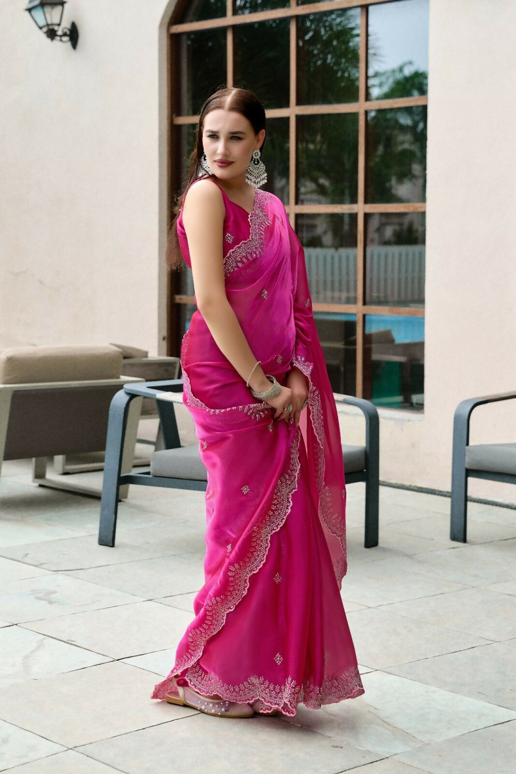 Vastranavya Pink Embroidery Work Shimmer Chiffon Saree with Unstitched Blouse - Distacart