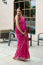 Vastranavya Pink Embroidery Work Shimmer Chiffon Saree with Unstitched Blouse - Distacart