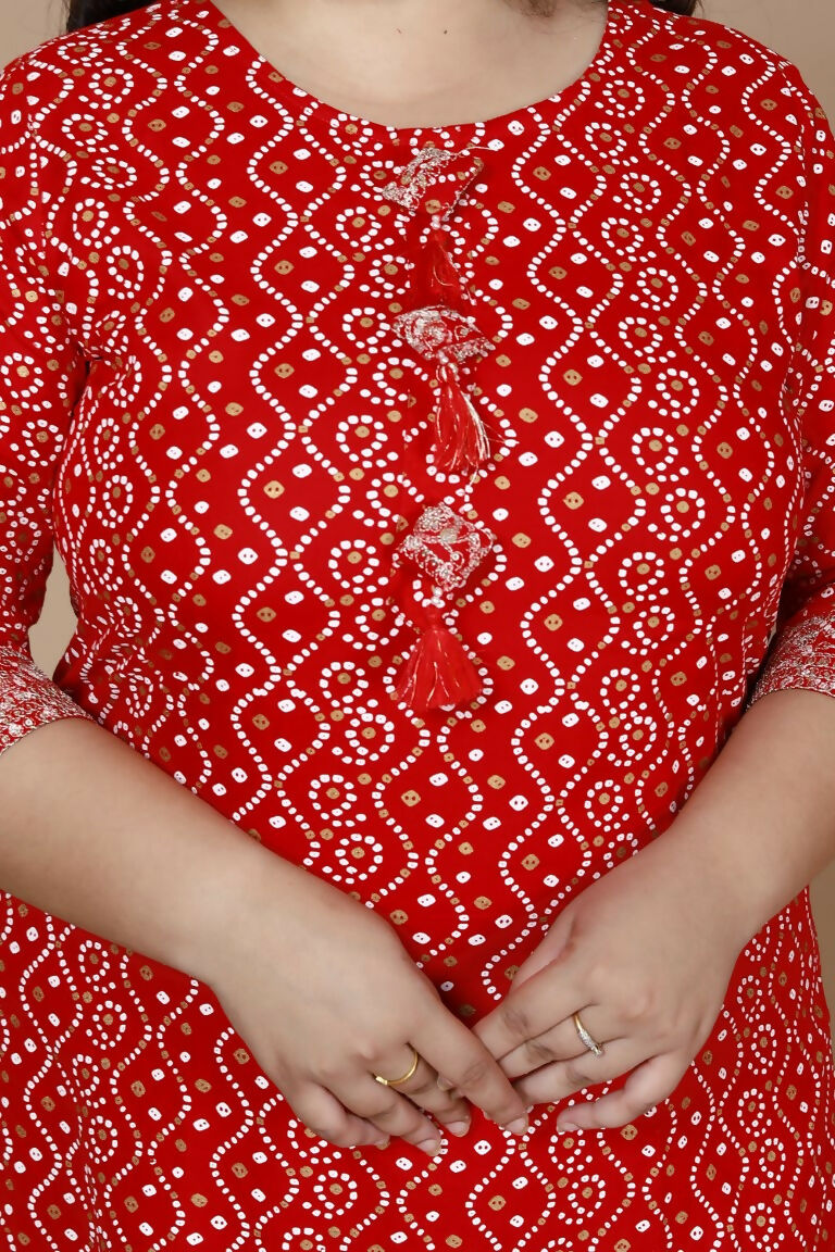 Miravan Women's Plus Size Festive Wear Red Bandhani Printed Straight Kurta