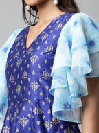 Ahalyaa Women Royal Blue Poly Silk Gold Paste Printed Dress - Distacart