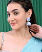 VOJ Set Of 2 Earrings- Blue Printed Jhumka With Black AD Studded Drop Earrings - Distacart