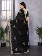 Vastranavya Black Embroidery Work Shimmer Chiffon Saree with Unstitched Blouse - Distacart