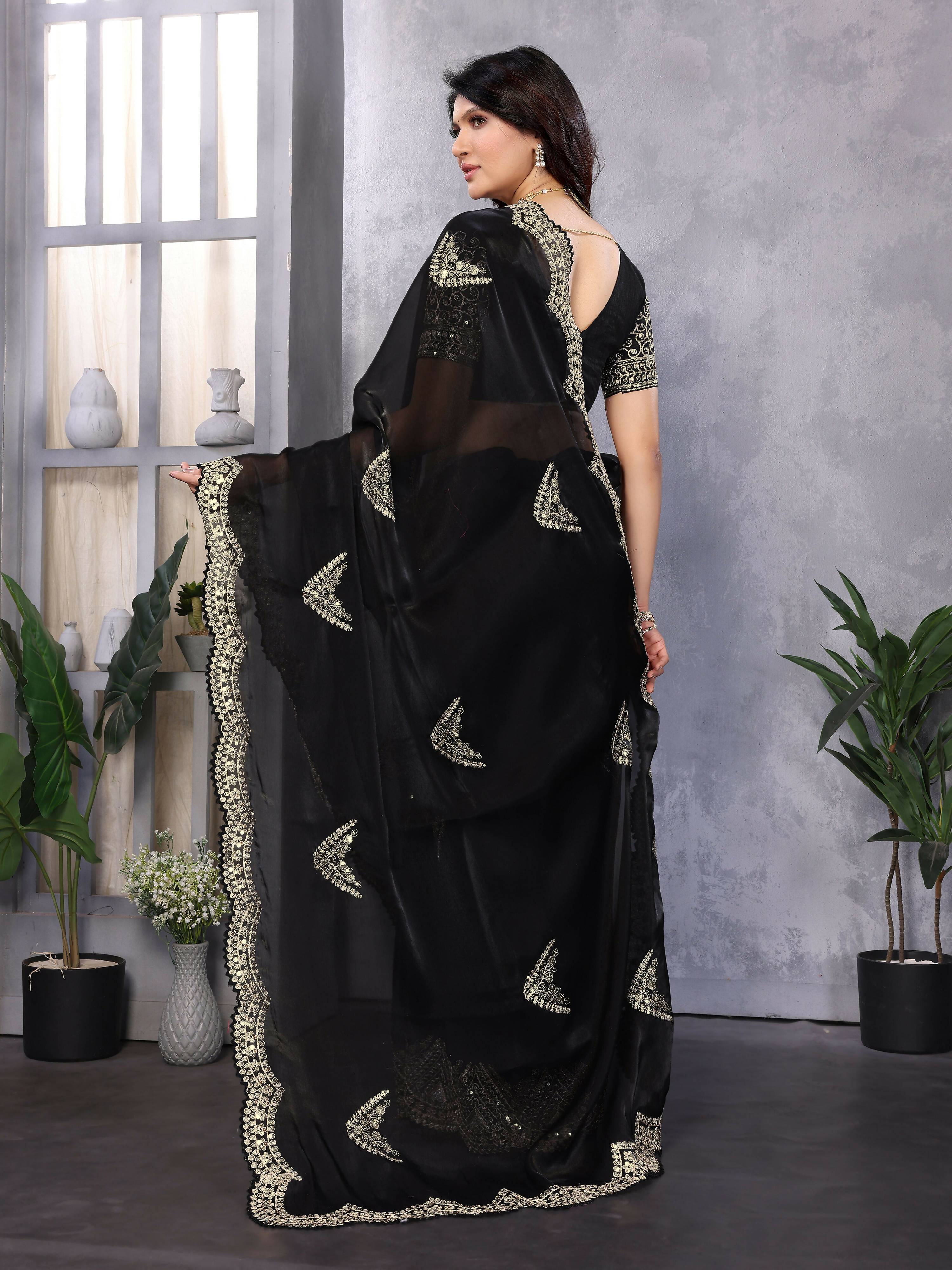 Vastranavya Black Embroidery Work Shimmer Chiffon Saree with Unstitched Blouse - Distacart