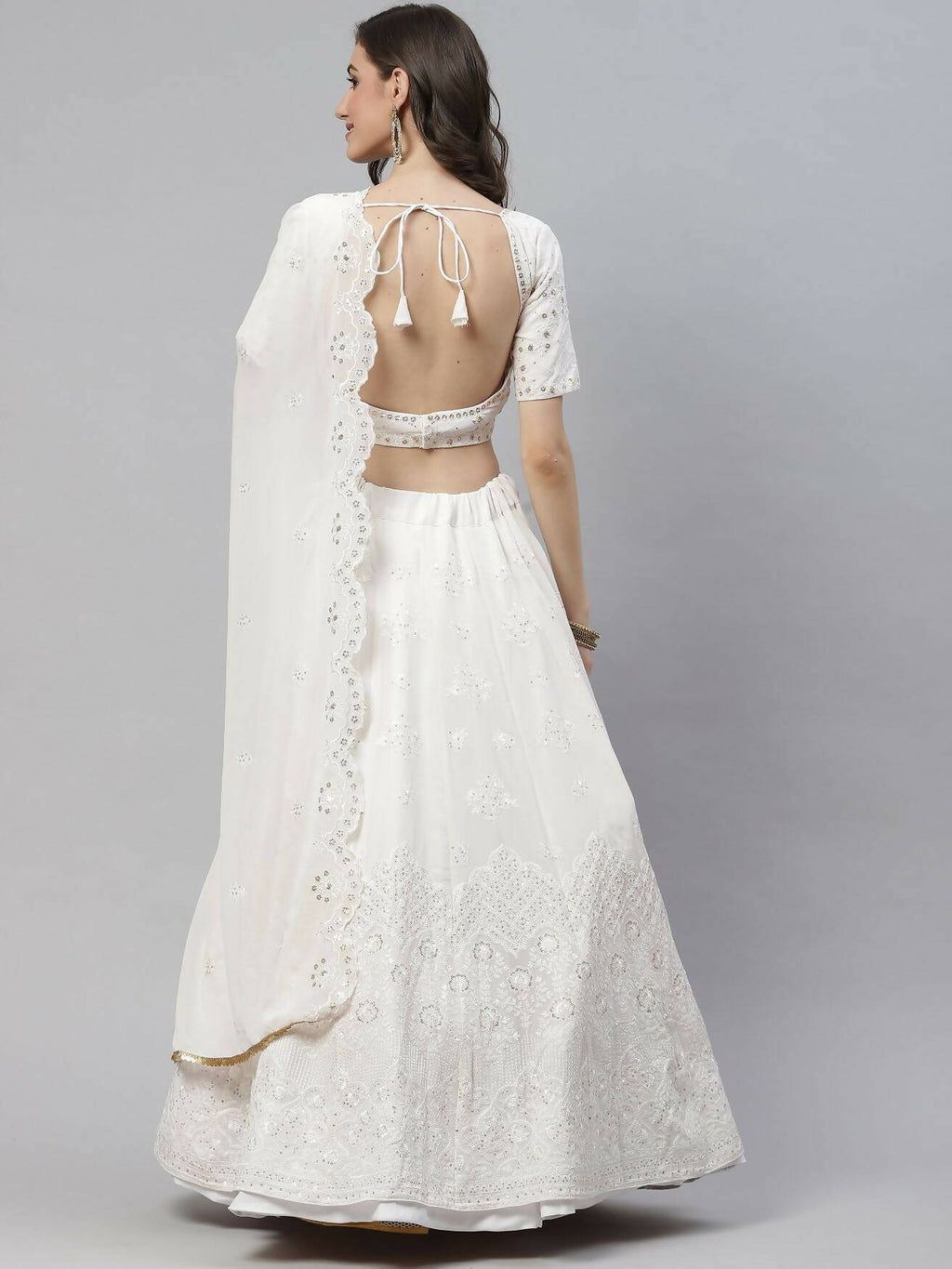 White Georgette Thread with Sequins Embroidered work Lehenga Choli with Dupatta - Jivika