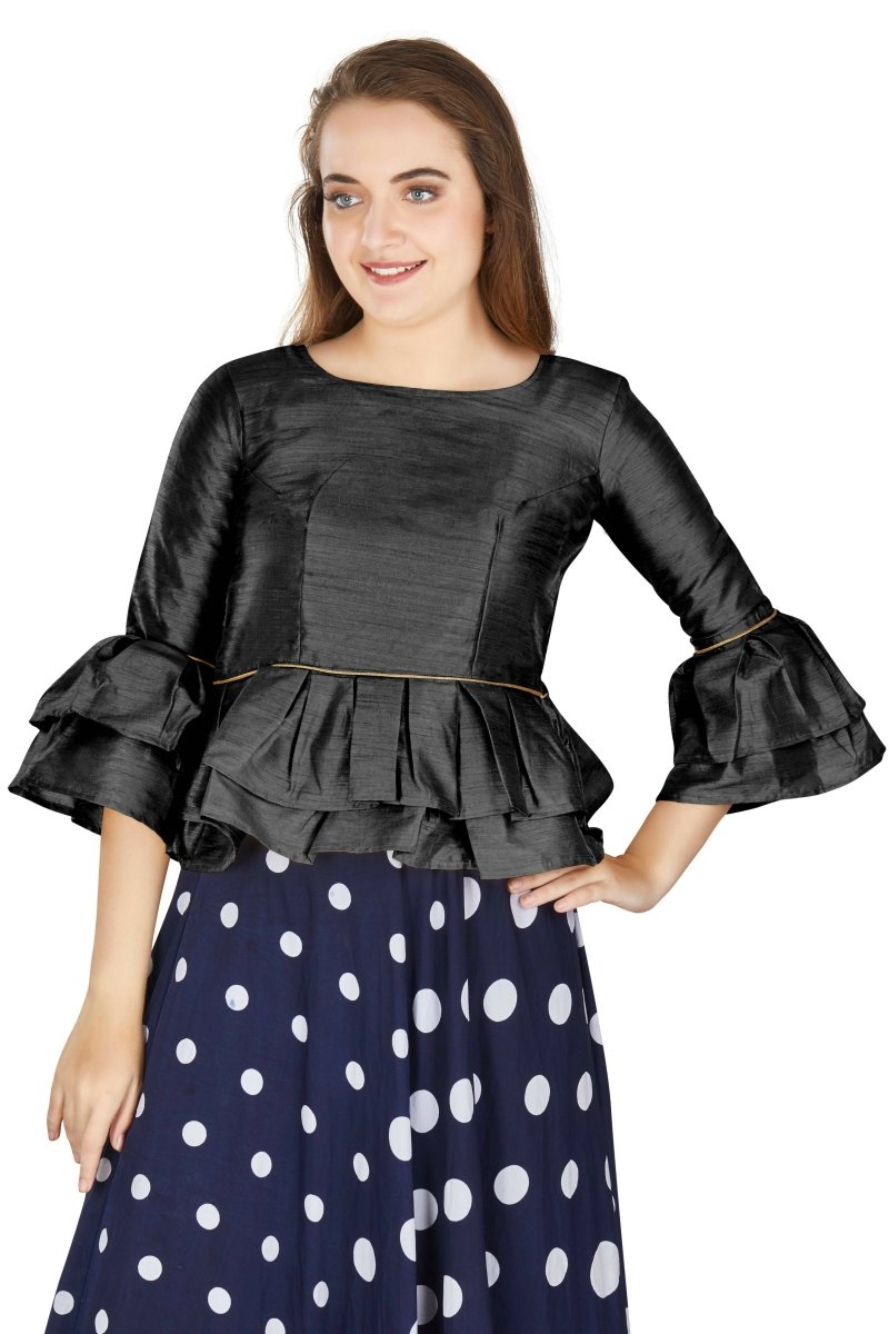 Aastha Fashion Women's Black Art Silk Bell Sleeves attire with Poly Cotton Lining Blouse