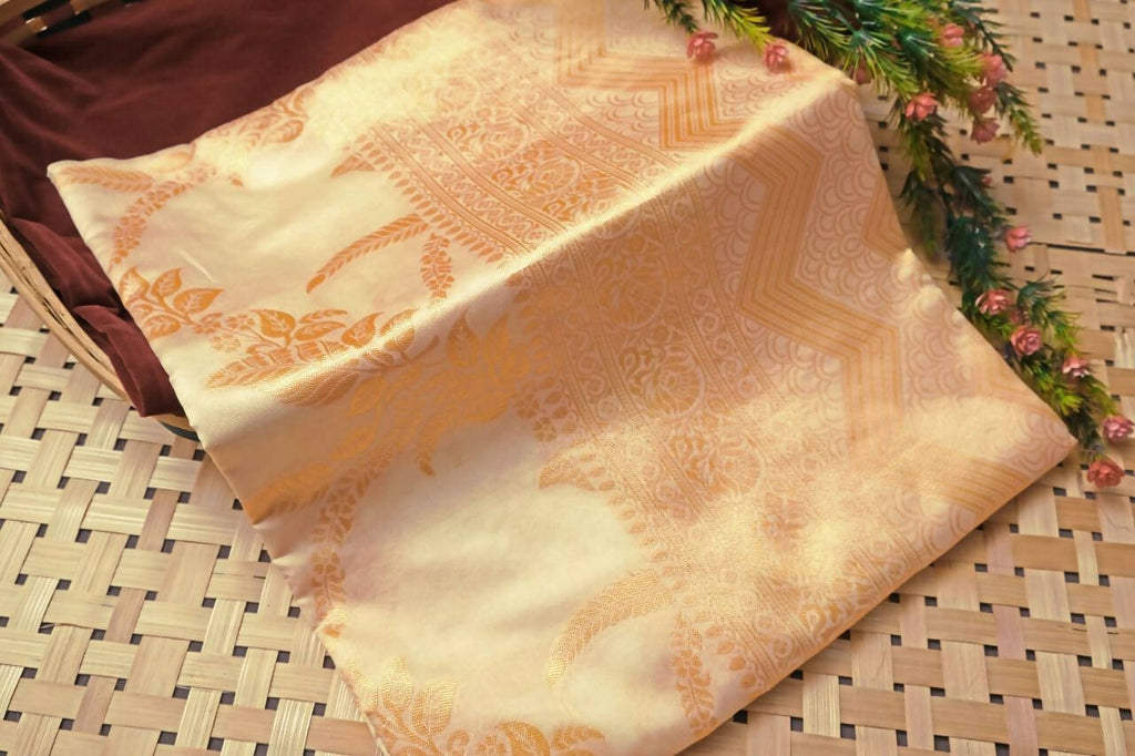 DEIANA'S Beautiful Designer Golden zari Soft Lichi Silk Saree - Cream