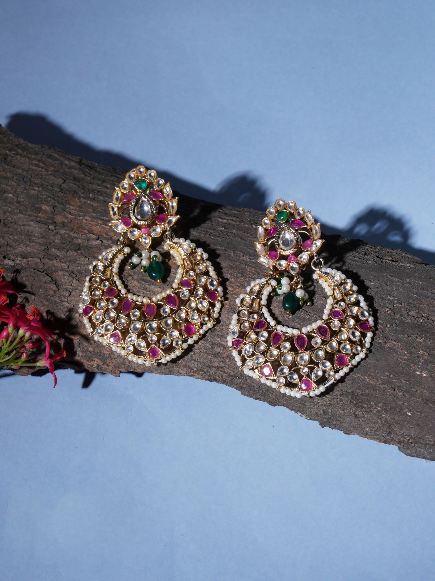 Kundan Chand Earrings (Gold) - Ruby Raang - Distacart