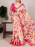 Vastranavya Cream Tussar Silk Printed with Viscose Border Saree with Unstitched Blouse - Distacart